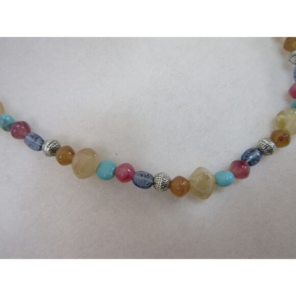 Multi Colored Round Gemstone Beaded Silver Tone Necklace Collar 18" Whimsical - Picture 2 of 4